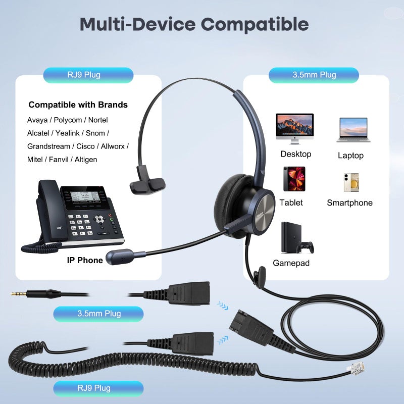 MAIRDI Phone Headset with RJ9 Jack & 3.5mm Connectors for Call Center Office Deskphone Cell Phone PC Laptop, Landline Telephone Headset with Microphone Noise Canceling for Polycom Avaya Nortel - Image 4